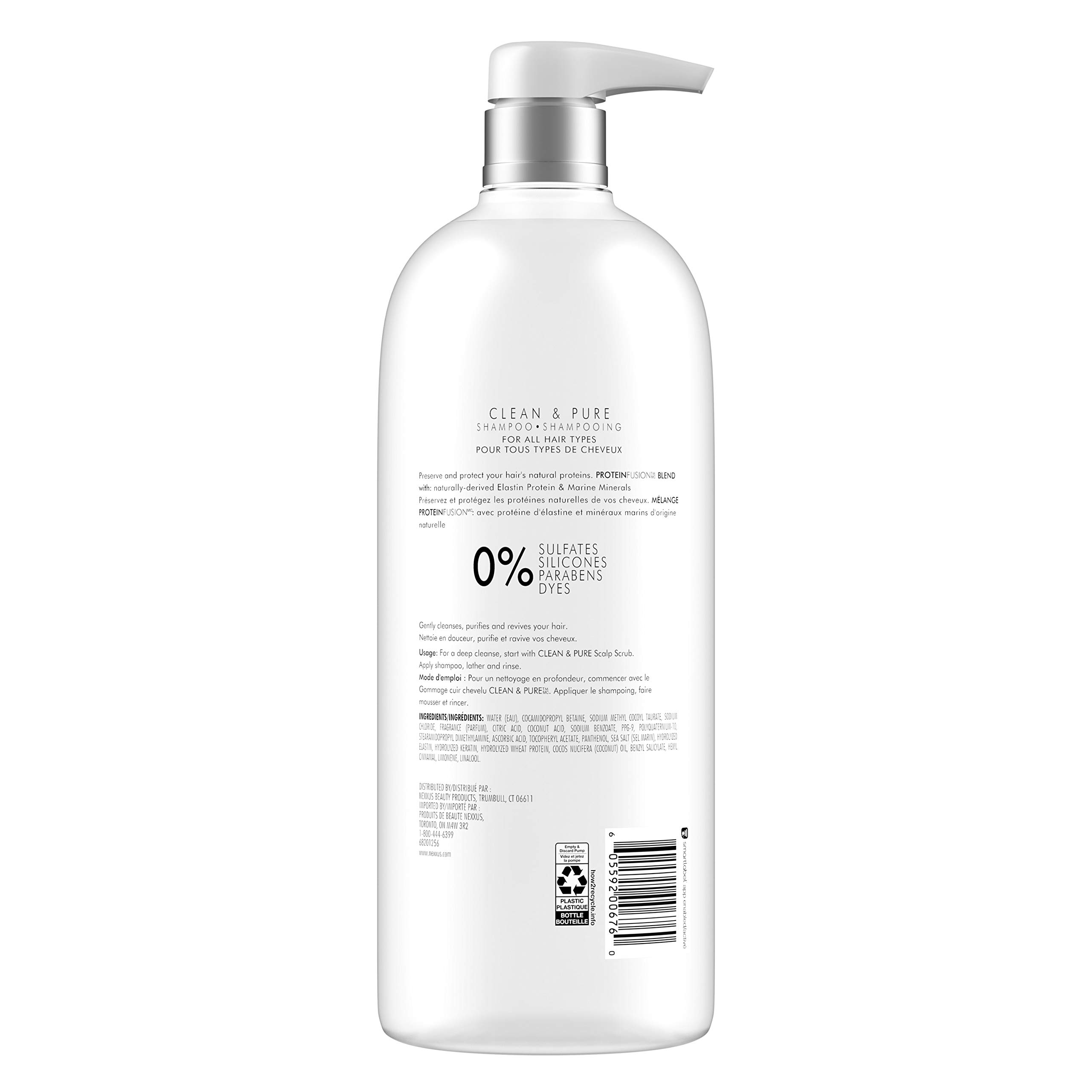 Nexxus Clean and Pure Clarifying Shampoo, With ProteinFusion, Nourished Hair Care Silicone, Dye And Paraben Free 33.8 oz, White