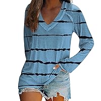 Long Sleeve Shirts for Women Women's Long Sleeved T-Shirt V-Neck Tie Dyed Floral Stripe Print Casual Top