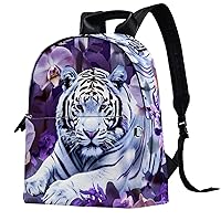 Travel Backpack for Men,Backpack for Women,White Tigers Flowers Purple,Backpack