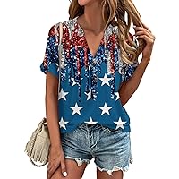 4Th of July American Flag Days Shirts for Women Short Sleeve T Shirt Summer Trendy Hawaiian Beach V Neck Cotton Tops