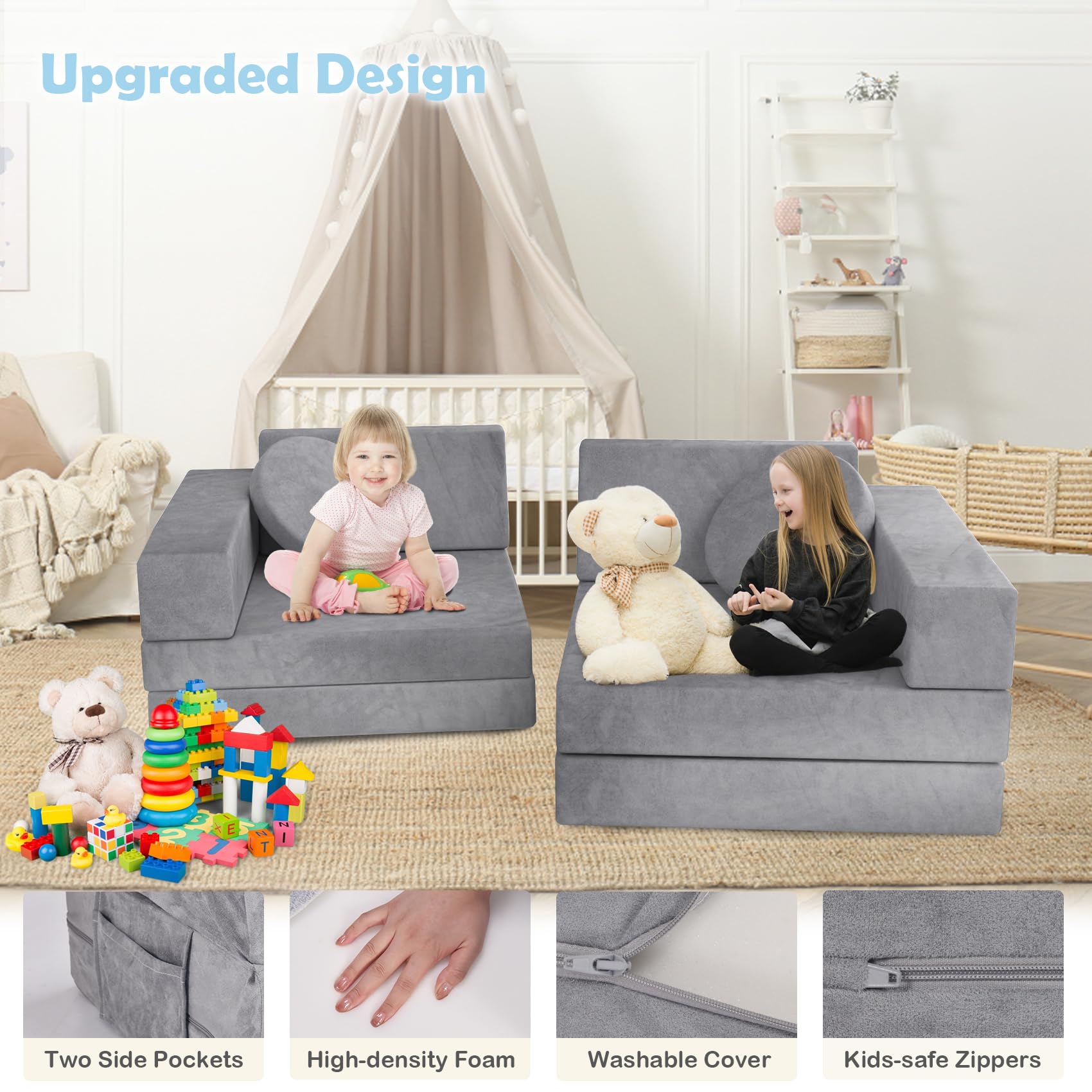 BIERUM Kids Couch, 12PCS Toddler Couch for Bedroom Playroom, Multifunctional Nugget Couch Kids Play Couch Sofa for Developing Child Intelligence, Creativity and Imagination, Grey
