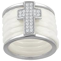 7pc Sterling Silver Cubic Zirconia Cross Ring & Faceted White Ceramic, 9/16 inch Wide, Sizes 6-8