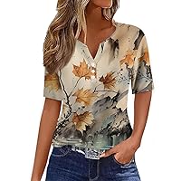 Women's Short Sleeve Summer Tops Loose Fit Oversized T Shirts V Neck Button Down Blouses Fashion Vintage Graphic Tees
