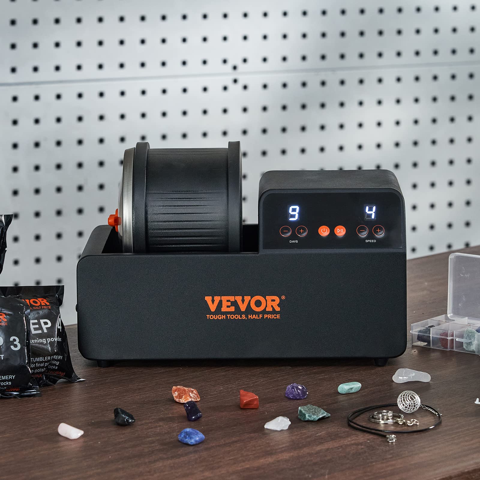 VEVOR 3LB Rock Tumbler Kit, Direct Drive Professional Rock Tumbler, 4-Speed/9-Day Timer, Rock Polisher with Rough Gemstones/Grits/Jewelry Fastenings, Stone Polishing Kit for Adults Kids, STEM Gift
