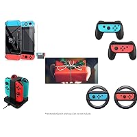 Nintendo Switch 4 Items Bundle:Charging Stand, Protector, Controller Grip, Steering Wheel