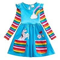 TiaoBug Kids Girls Long Sleeve Crew Neck Rainbow Stripes Dress Casual A-line T-Shirt Dress Fall Spring Princess Dress
