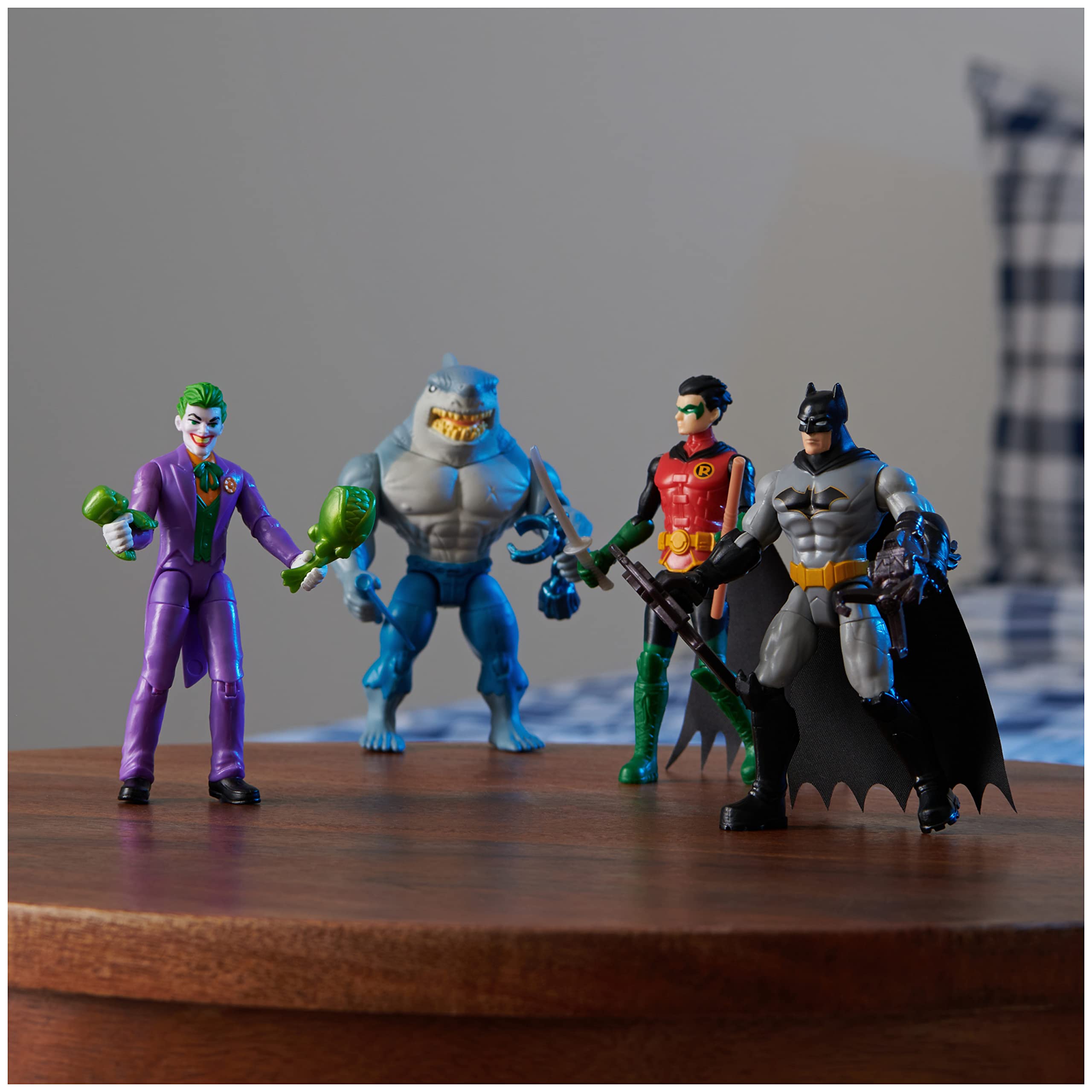 DC Comics, Batman and Robin vs. The Joker and King Shark, 4-inch Action Figures, Kids Toys for Boys and Girls Ages 3 and Up