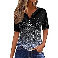 Valentines Day Gifts for Him,Womens Tops Henley Collar Short Sleeve V Neck Geometry Printed Sparkling T Shirts Fashion Retro Loose Fit Top Oversized Sweatshirt for Women