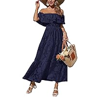 Women's 2024 Summer Dress Off Shoulder High Waist Beach Dress Ruffled Short Sleeve Floral Tiered Maxi Dress