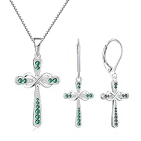 YL Women's Cross Necklace Sterling Silver Infinity Crucifix Pendant Created Emerald Criss Cross Earrings Jewelry