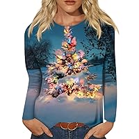 Long Sleeve Shirts for Women Christmas Print Long Sleeve Tunics Tops Casual Round Neck Loose Holiday Shirts Blouses