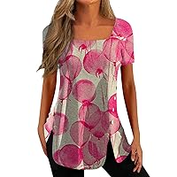 Womens Summer Tops 2023 Square Neck Short Sleeve Tees Tops Oversized Tshirts Printed Loose Comfortable Blouses