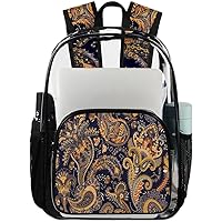 Indian Paisley Flower Ethnic Clear Backpack Heavy Duty Transparent Bookbag for Women Men See Through PVC Backpack for Security, Work, Sports, Stadium