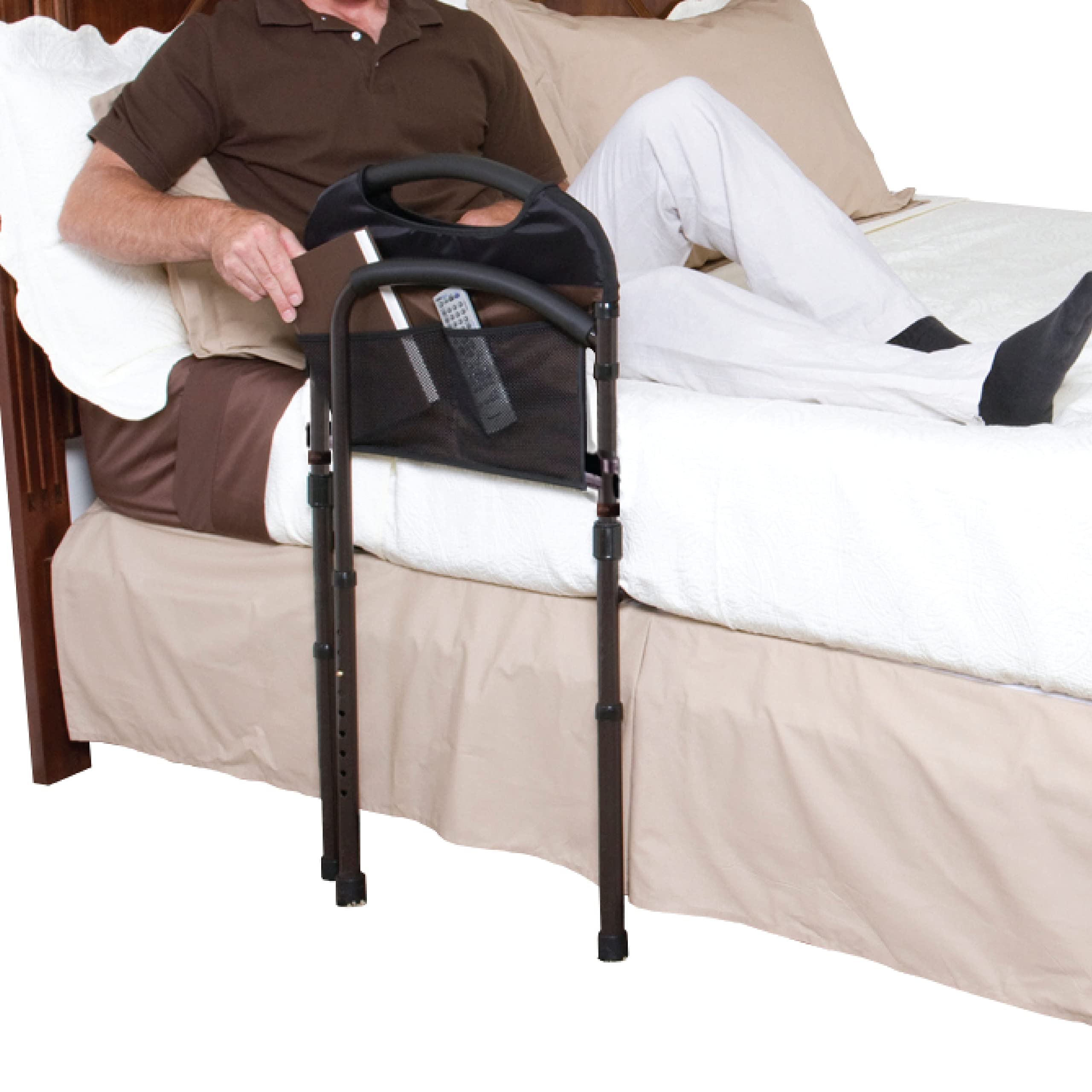 Stander Mobility Rail, Bed Rail and Assist Bar with Swing-Out Safety Handle for Adults, Seniors, and Elderly, Transfer Rail for Bed with Floor Support Legs and Pouch, Standing Assist, Mobility Aid