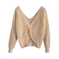 ZAFUL Women's Criss Cross Sweaters Twisted Back Pullover Knitted Cropped Sweater Jumper