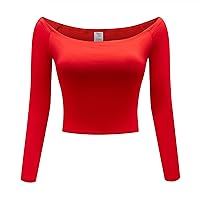 OThread & Co. Women's Off Shoulder Long Sleeve Crop Top Comfy Basic Stretch Layer Shirt