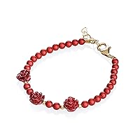 14K Gold-Filled Beaded Bracelet for Girls - With Gold-Filled Beads, Red Swarovski Simulated Pearls and Red Rose Flowers - Perfect for Birthday Gifts, Flower Girl Gifts (B135-RR)