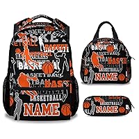 Custom Basketball Backpack with Lunch Box and Pencil Case, Personalized Elementary Kindergarten School Bookbags for Boys Kids with Name, Set of 3