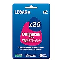 Lebara UK Unlimited Data Pay As You Go SIM Card, Unlimited UK Minutes & Texts, 100 International minutes for £25