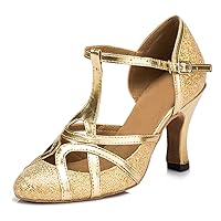 Minishion Women's T-strap Dance Heels Glitter Salsa Ballroom Shoes