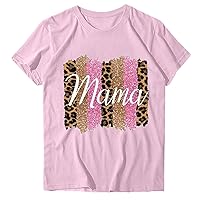 Women's Mama Letter T-Shirts Fashion Leopard Graphic Crewneck Blouse Summer Short Sleeve Mom Tops