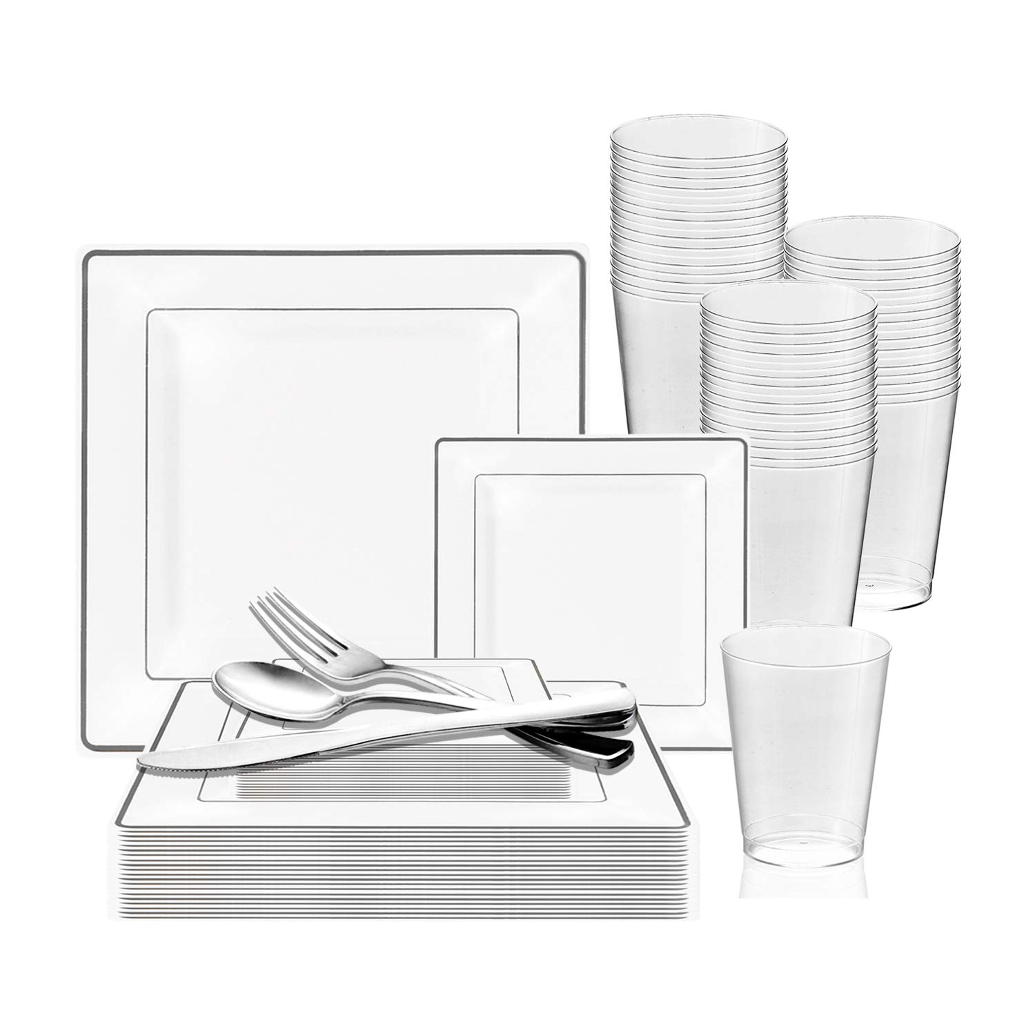 360 Piece Elegant Disposable Plastic Dinnerware Set for 60 Guests - Fancy Square White Silver-Rimmed Dinner Plates, Dessert Plates, Silverware Set ...