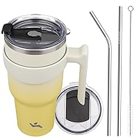40oz Tumbler with Handle and 2 Straw 2 Lid, Insulated Water Bottle Stainless Steel Vacuum Cup Reusable Travel Mug,Lemon