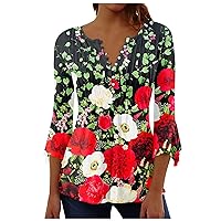 Women's Flowy Hem Fashion Casual T-Shirt Tops V Neck Floral Printed Short Sleeve Shirts Pleats Loose Blouse Tees