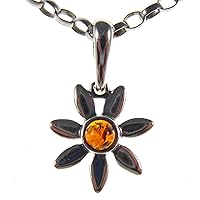 BALTIC AMBER AND STERLING SILVER 925 FLOWER PENDANT NECKLACE - 14 16 18 20 22 24 26 28 30 32 34