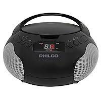 Philco Portable CD Player Boombox with Speakers and AM FM Radio | Black Boom Box Compatible with CD-R/CD-RW and Audio CD | 3.5mm Aux Input | Stereo Sound | LED Display | AC/Battery Powered