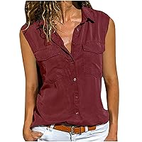Brown Tank Top Womens Plus Size Sleeveless Blouses For Women Turn Down Collar Pockets Buttons Shirt Tops Ladies Summer Shirts Casual Loose Fit Tank Racer Back Tank Tops