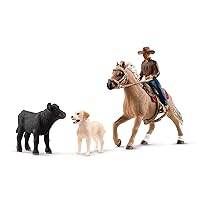 Schleich Farm World Rodeo Calf Adventure Playset - Cowboy Rodeo Rider Figurine with Horse, Cow, and Dog, Realistic Western Rodeo Farm Toys and Accessories, 6-Piece Kids Toy for Boys and Girls