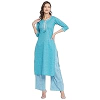 Tissu Mother's Day Gifts Women's Cotton Turquoise Blue Printed Kurta with Palazzo