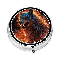 Wolf Surrounded by Fire Print Round Pill Box Cute Mini Metal Pill Case with 3 Compartment Portable Travel Pillbox Medicine Organizer for Pocket Wallet
