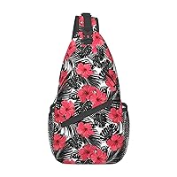 Red Hibiscus Print Sling Bag Crossbody Sling Backpack Travel Hiking Chest Bags For Women Men