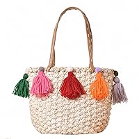 Lady New Multicolored Tassel Straw Bag Vacation Beach Bag Handbag Woven Bag,Beige-OneSize