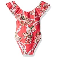 Seafolly Girls' Ruffle Shoulder One Piece Swimsuit, Little Village in Como Rose Pink, 3