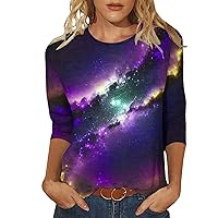 Galaxy Planets Sun Universe Outer Space Science T-Shirt Women Summer 3/4 Sleeve Tops Crewneck Loose Fit Blouse Tee