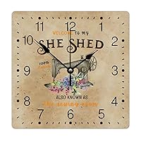 PVC Wall Clock Welcome to My She Shed Hanging Clock Sewing Machine Blue Flower 12in Knitting Battery Operated Retro Chic Square Hanging Wall Clock for Living Room Home School Bedroom
