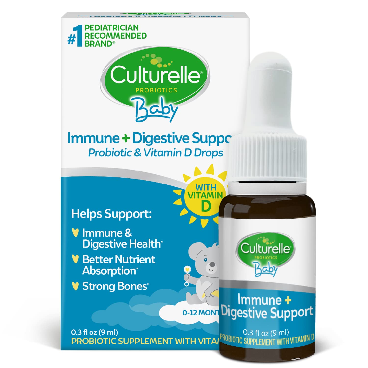 Culturelle Baby Immune & Digestive Support Probiotic + Vitamin D Drops, Helps Support Immune & Digestive Health in Babies, Infants & Newborns 0-12 Months, 30 Day Supply, Gluten Free & Non-GMO, 9ml