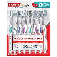Colgate Total Toothbrushes, Whole Mouth Health Plus Whitening, Medium Bristles, Floss Tip Spiral Polishing Bristles Plus Polishing Whitening Cups - 8 Toothbrushes