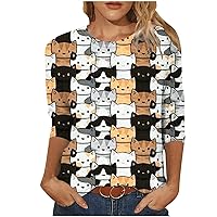 Crew Neck Tops for Women Fall Summer 3/4 Sleeve Cat Loose Fit Long Kawaii Funny Tops Blouses Shirts Women 2024