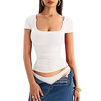 Women Ribbed Scoop Neck Tops Short Sleeve Fitted T Shirts Basic Slim Fit Tees 2024