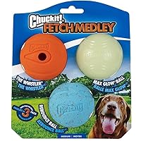 Chuckit! Fetch Medley Dog Ball Dog Toys, Medium (2.5 Inch) Pack of 3, for Medium Breeds, Includes Whistler, Max Glow and Rebounce Balls