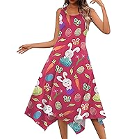 Prom Easter Dresses 2024,Women's Sleeveless Easter Egg and Bunny Print Round Neck Casual Fashion Irregular Hem Midi Dress