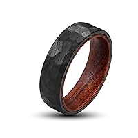 LerchPhi Mens 8mm Black Tungsten Carbide Mens Ring Hammered Finish KOA Wood Inner Inlay Comfort Fit Mens Wedding Band