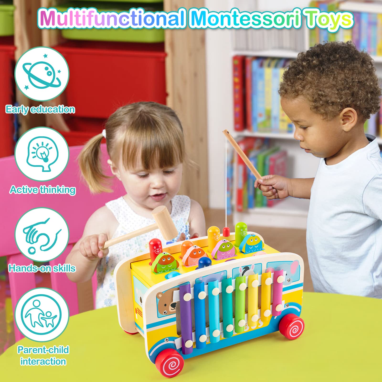 Sundaymot Wooden Montessori Toys for 1 Year Old, Hammering Pounding Toys, with Whack a mole Fishing Game Xylophone Preschool Learning Educational Toys, for 1 2 3 4 Year Toddler Christmas Birthday Gift
