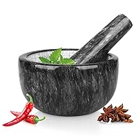 Mortar and Pestle Set - 6 Inch - 2.5 Cup Capacity - Black Marble Stone Guacamole Spice Grinder Bowls, Large Molcajete for Mexican Salsa Avocado Taco Mix Bowl, Kitchen Cooking Accessories