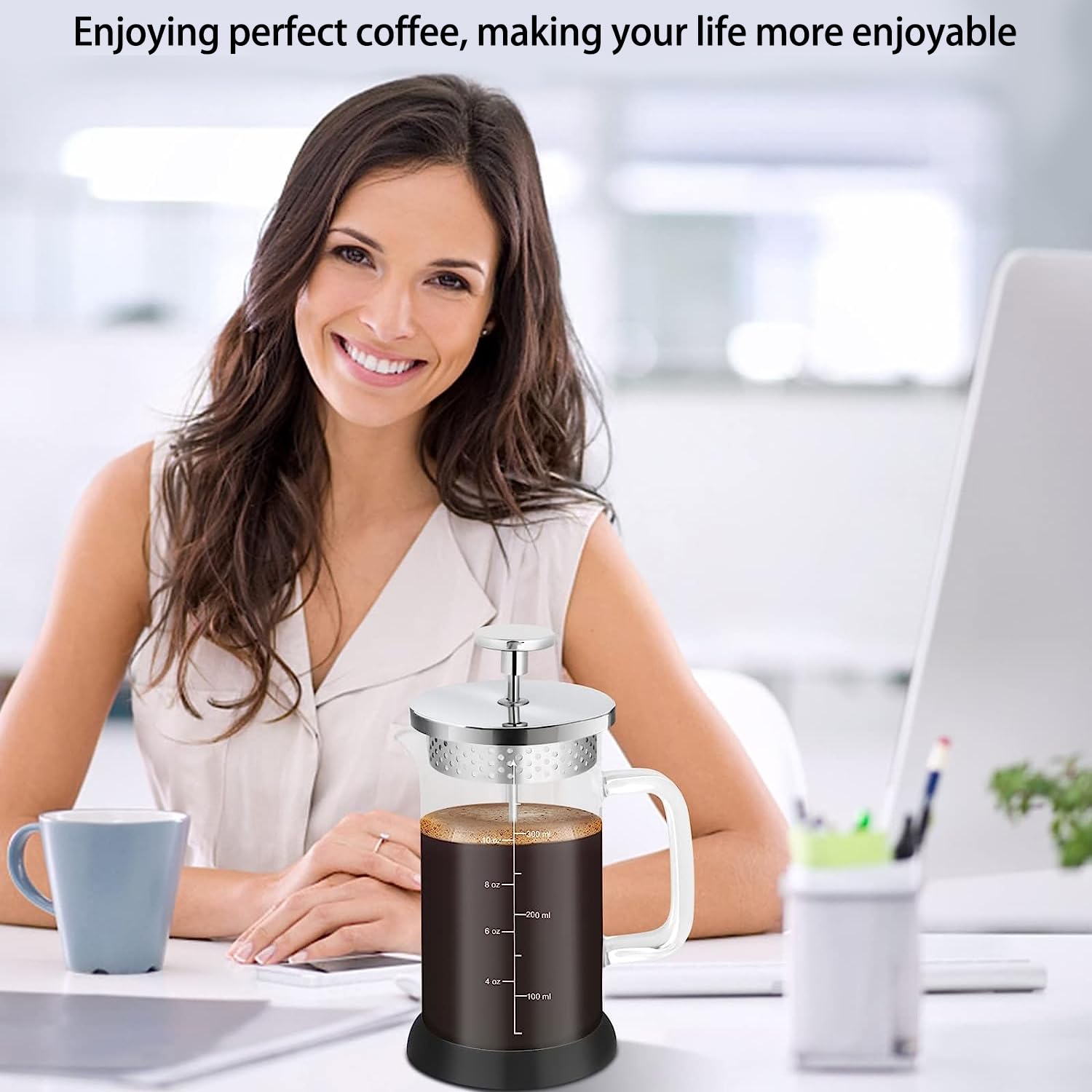 Nukeekee French Press Coffee Maker,304 Stainless Steel Borosilicate Glass Coffee Press,Non-slip Silicone Base,12 oz /350 ml Small French Press,with 2 Extra Screens,Clear and Silver (Concise Style).