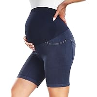 HOFISH Maternity Denim Shorts Over The Belly Seamless Faux Jeans Stretch Supportive Pregnancy Active Pants with Pockets